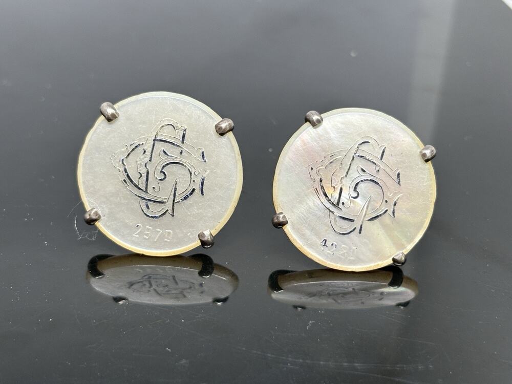 Vintage Mop Casino Engraved Monogram Chip Token Sterling Silver Cufflinks